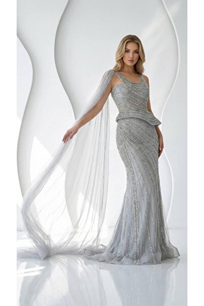 aşkın göksu Gri Kayık Yaka Tek Kol Tül Beden Boncuk İşlemeli Kadın Abiye