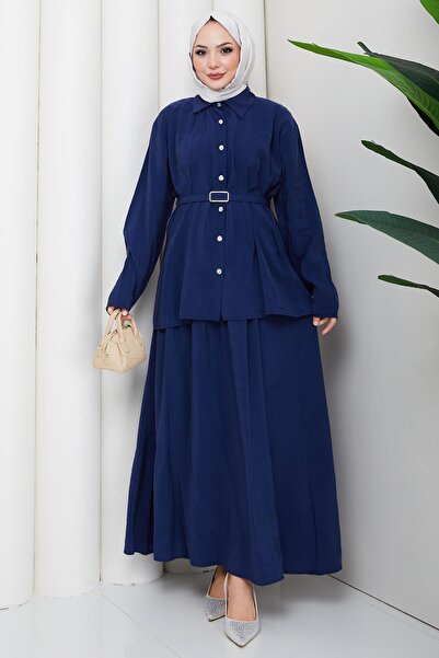 hafsamina Pencil Skirt Suit with Belt Navy Blue Hm2883