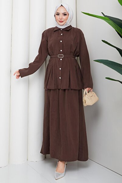 hafsamina Pencil Skirt Suit with Belt Brown Hm2883