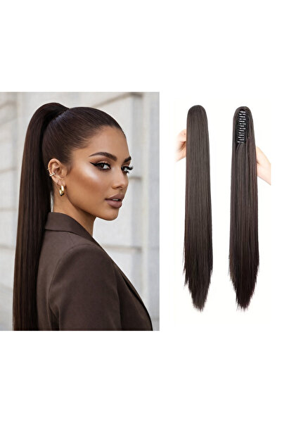 NeednStore Kadın Koyu Kestane Düz 60 cm Tokalı At Kuyruğu Peruk Saç - 1. Kali...