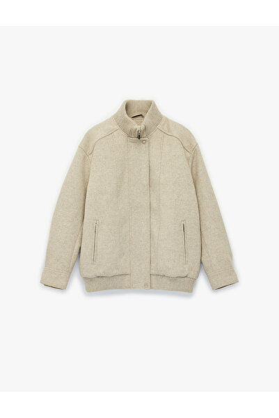 Koton Zippered Pocket High Collar Long Sleeve Oversize Cashmere Bomber Coat