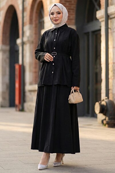 hafsamina Pencil Skirt Suit with Belt Black Hm2883