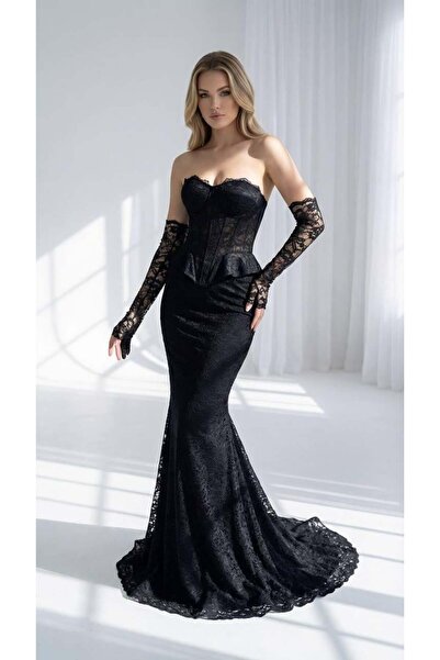 aşkın göksu Siyah Büstiyer Etek Takım Eldiven Kombinli Kadın Abiye