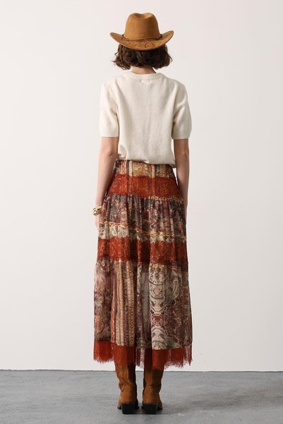 SONGÜLBERİK Women's Lace Detailed Ethnic Patterned Bohemian Long Skirt - Multi Color