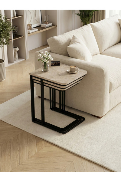 GOLDFALEZ Zigon Sehpa 3'lü Tekerlekli Metal Ayaklı Yan Sehpa Traverten