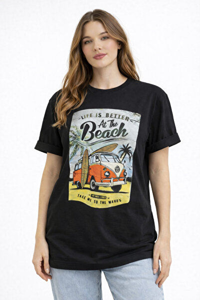 NEW JOURNAL Women's Black Crew Neck Beach Printed Oversize T-Shirt Nj103