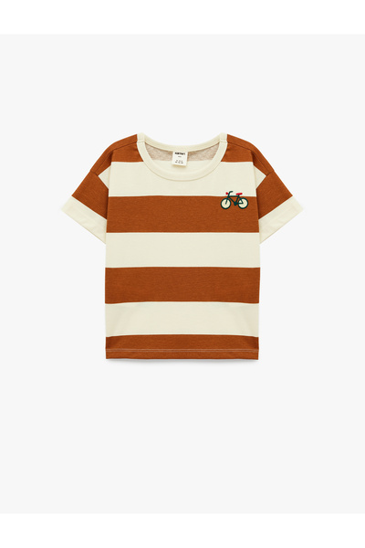 Koton Cycling Printed Short Sleeve Crew Neck Cotton Striped T-Shirt