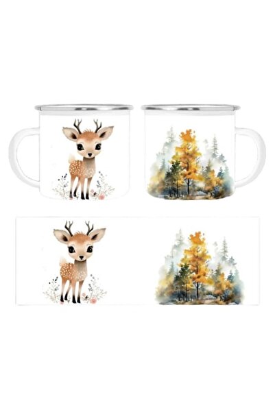 OEM Cană personalizată emailată albă cu ilustrații de căprioară și pădure, 35...