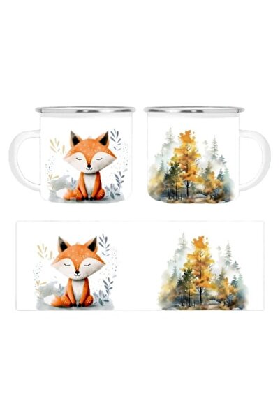 OEM Personalized White Enamel Mug with Fox and Multicolored Forest Illustrati...