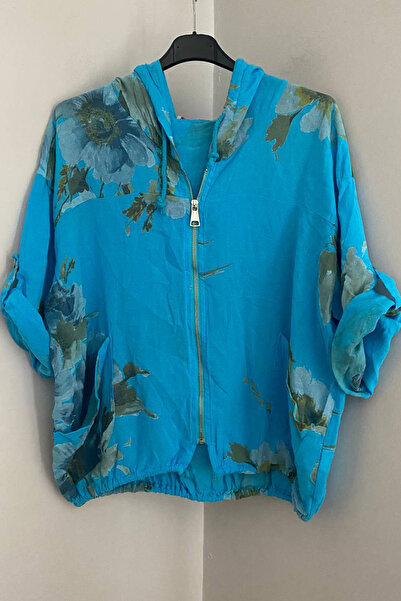AYASOFYA OTANTIK Women's Italian Turquoise Ethnic Bouquet Patterned Hooded Zi...