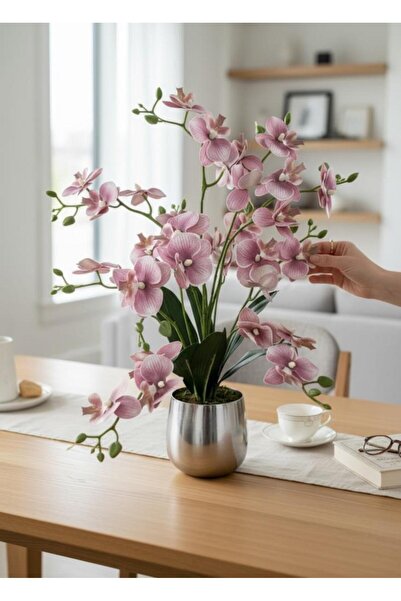 Nettenevime Yapay Çiçek Pudra 9 Dallı Islak Orkide Gümüş Metal Saksıda Saksıd...