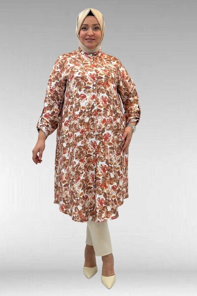 Eslina 68014 Büyük Beden Hakimyaka Çift Düğmeli Mango Tunik - Çiçek Desenli K...