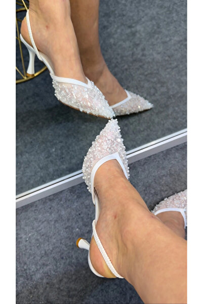 Akça Shoes Beyaz Payetli Topuklu Ayakkabı