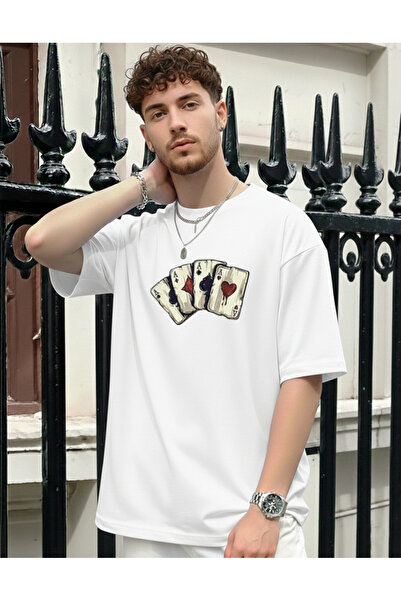 KVİNS Trend Men's Black Oversize Playing Card Printed Crew Neck Cotton T-Shirt