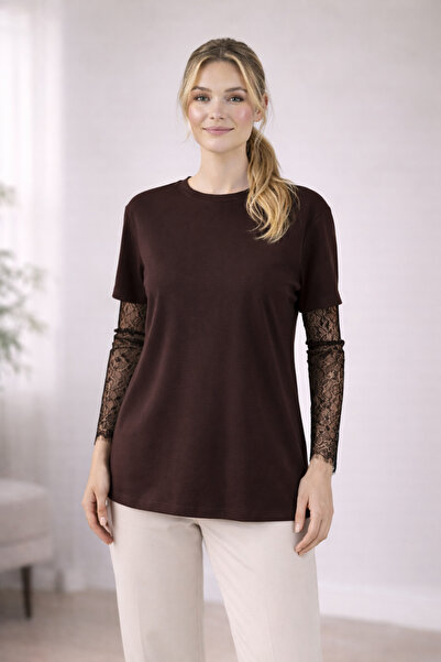 Kureyzibies Round Neck Lace Sleeve Loose Fit Blouse