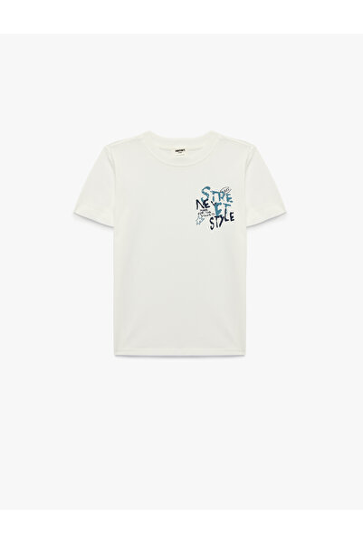 Koton Βαμβακερό μπλουζάκι με κοντό μανίκι με λαιμόκοψη με λεπτομέρεια εκτύπωσης