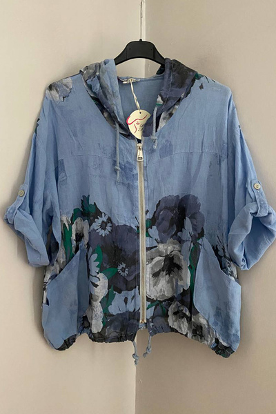 AYASOFYA OTANTIK Women's Italian Indigo Blue Ethnic Floral Pattern Hooded Zip...