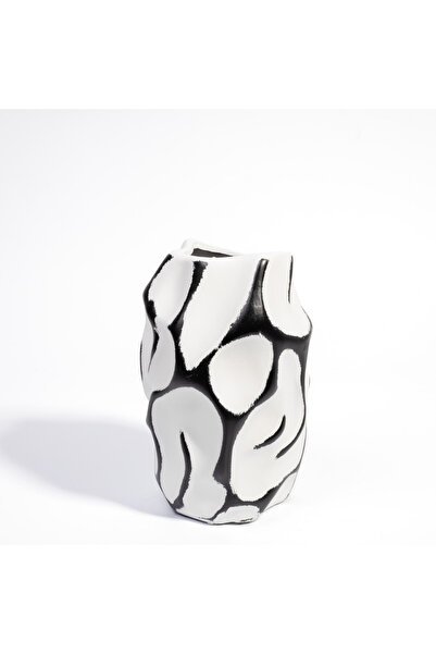 Malooki Ceramic Vase – Black and White with Abstract Wavy Design - 20 cm