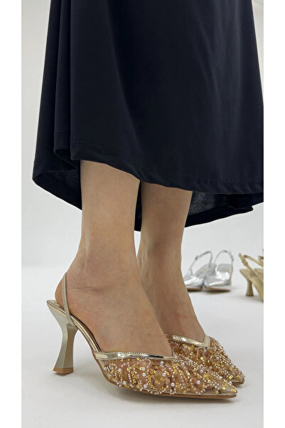 Akça Shoes Gold Taşlı Payetli Topuklu Ayakkabı