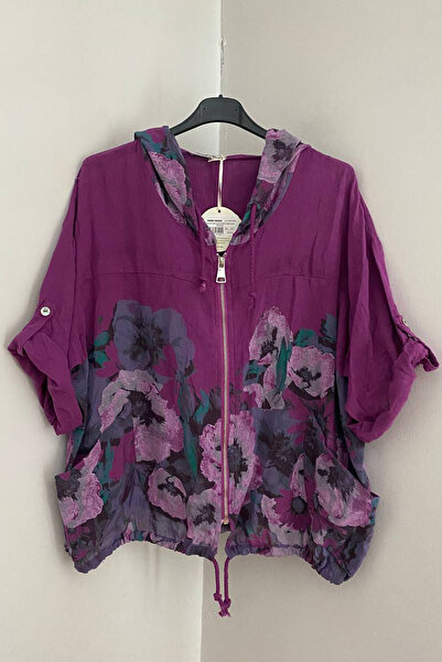 AYASOFYA OTANTIK سترة نسائية إيطالية ذات لون أرجواني وطبعة زهور عرقية وقلنسوة...