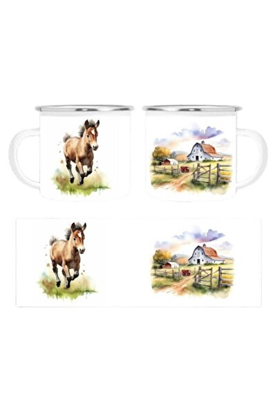OEM Personalized White Enamel Mug with Horse Illustration