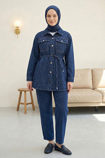 FERHEL Women's Stoned Printed Buttoned Jacket and Trousers Denim Set - Navy Blue