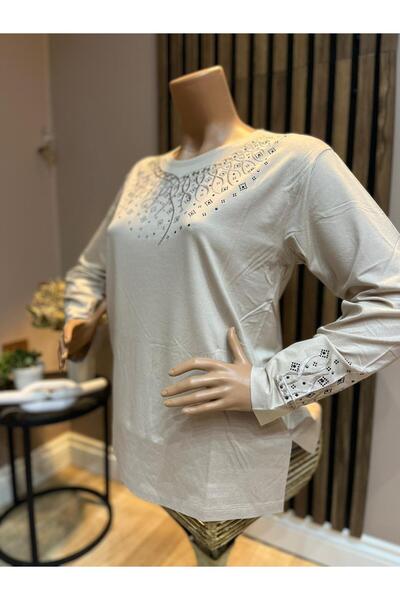 AKMAVİ Women's Middle Age and Above Round Viscose Necklace Embroidered Checkered Stoned Lycra Mother's Combed Cotton