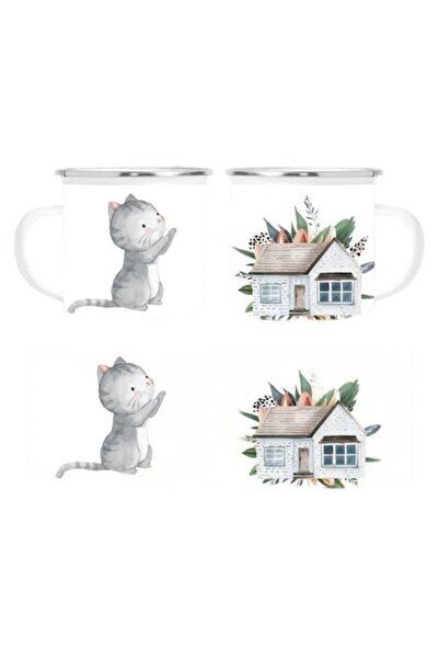 OEM Personalized White Enamel Mug with Gray Cat Illustration