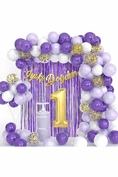 KAR TANESİ Lüks 1 YAŞ Mor Lila Beyaz Doğum Günü Balon Zincir Seti