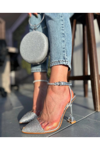 Akça Shoes Gümüş Taşlı Şeffaf Topuklu