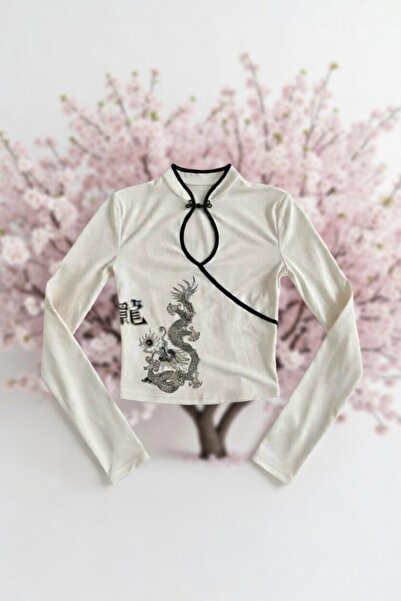 Köstebek Japanese Style Mandarin Collar Dragon Desing Long Sleeve Blouse
