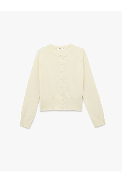 Koton Koyun Yünü Karışımlı Uzun Kollu Bisiklet Yaka Düğmeli Dantel Detaylı Hırka