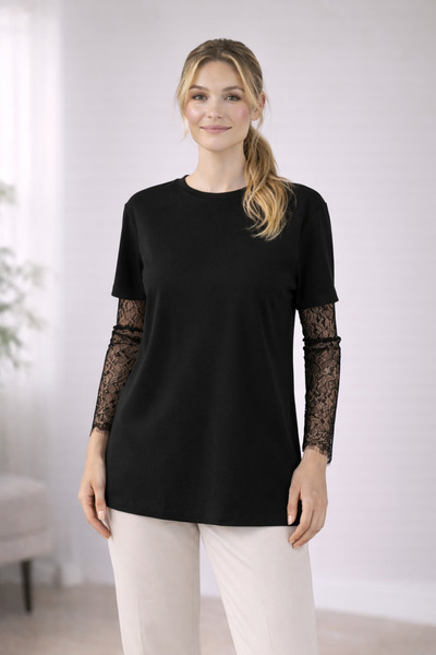 Kureyzibies Round Neck Lace Sleeve Loose Fit Blouse