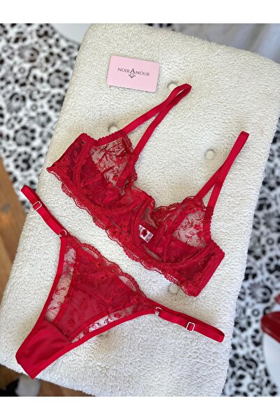 Noir Amour Kırmızı Dantel Detaylı Desteksiz Sütyen Külot Takımı