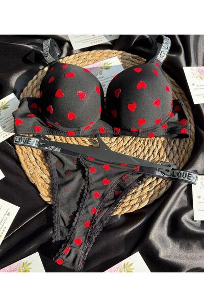 BUTİK SAKURA Black Red Padded Underwire Heart Patterned Stone Bra Set