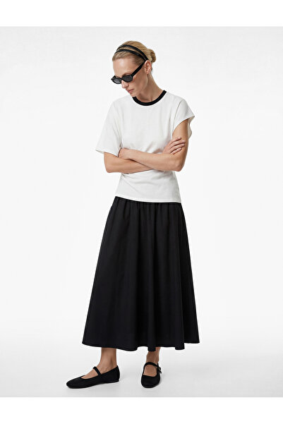 Koton Linen Blend Slim Fit Crew Neck Asymmetrical Short Sleeve Detailed T-Shirt