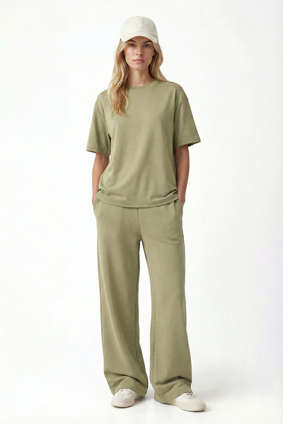 Ritnice Women's Elix Modal Touch Crew Neck Elastic Waist Pocketed Khaki Top a...