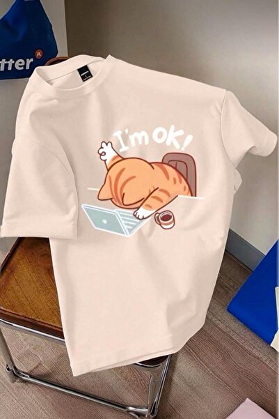 Oksit Unisex Design T-Shirt with Tired Cat Illustration