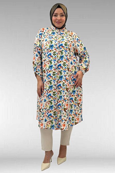 Eslina 68014 Plus Size Hakimyaka Double Buttoned Mango Tunic - Patterned Stone