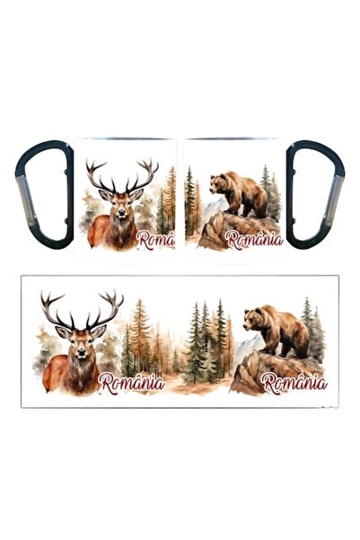 OEM White Stainless Steel Mug with Carabiner, Personalized 'Romania', Deer an...