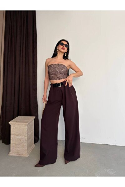 ParlaMira Women's High Waist Palazzo Fabric Trousers with Belt Detail