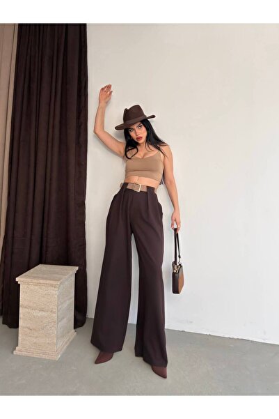 ParlaMira Women's High Waist Palazzo Fabric Trousers with Belt Detail