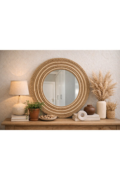 BOHEM 60 cm Hasır Yuvarlak Duvar Aynası – Dekoratif Salon Aynası