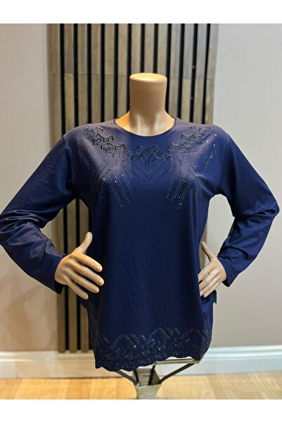 AKMAVİ Kadın Orta Yaş Ve Üzeri Turlu Viskon Yaka Etek İşlemeli Taşlı Likralı ...