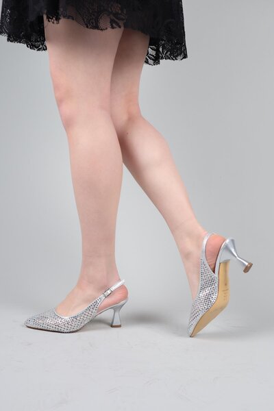Birikon Boles Laser Stone Open Back Heeled Shoes Silver