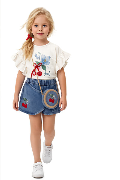 SANTRALBEBE Girl's Cherry Set with Bag and Denim Shorts