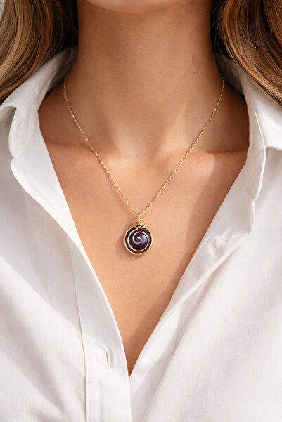 POYASE Mor Doğal Taşlı Spiral Detaylı Altın Renk Zincir Kolye – El İşçiliği T...