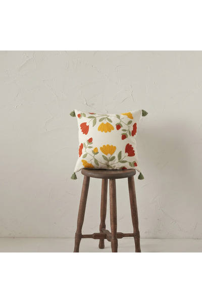 Kemal Tekstil Yellow Red Floral Embroidered Tasseled Decorative Throw Pillow ...