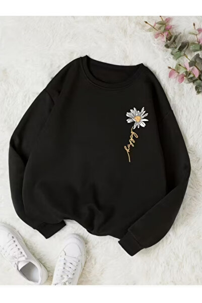 Oceanwear Happy Written Floral Printed Crew Neck Black Sweatshirt for Women