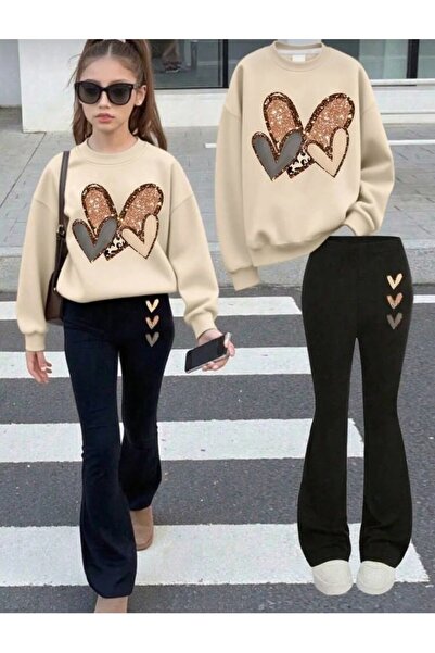 Kids Çoklu kalp baskılı kız çocuk ( bej )sweatshirt